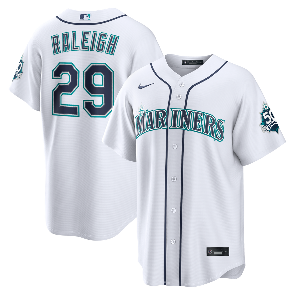 Seattle Mariners Cal Raleigh Nike White Home Stadium 50th Season Patch Jersey