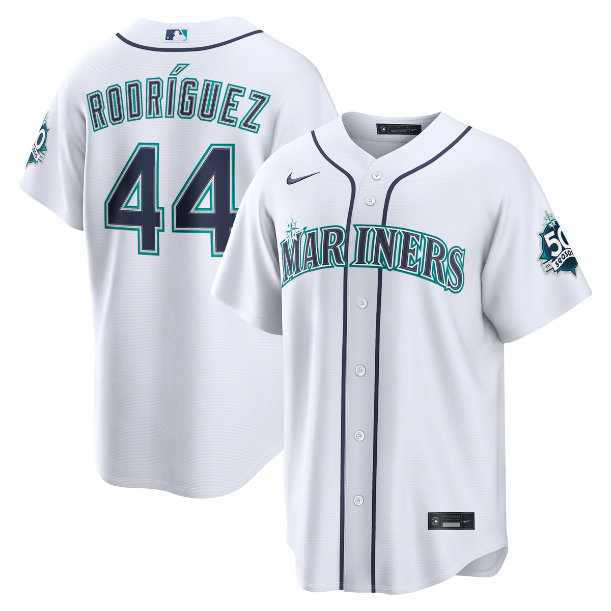 Seattle Mariners Julio Rodríguez Nike White Home Stadium 50th Season Patch Jersey