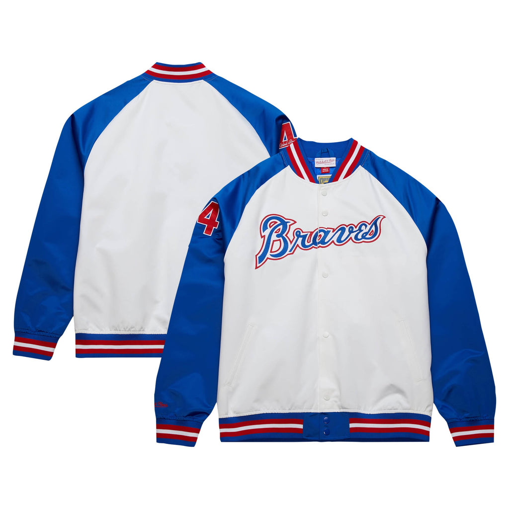 Atlanta Braves Hank Aaron Mitchell & Ness White/Royal Cooperstown Collection Legends Lightweight Satin Raglan Full-Snap Jacket