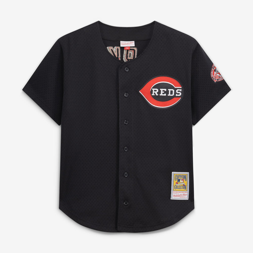 Cincinnati Reds Barry Larkin Mitchell & Ness Black Cooperstown Collection Mesh Batting Practice Button-Up Jersey