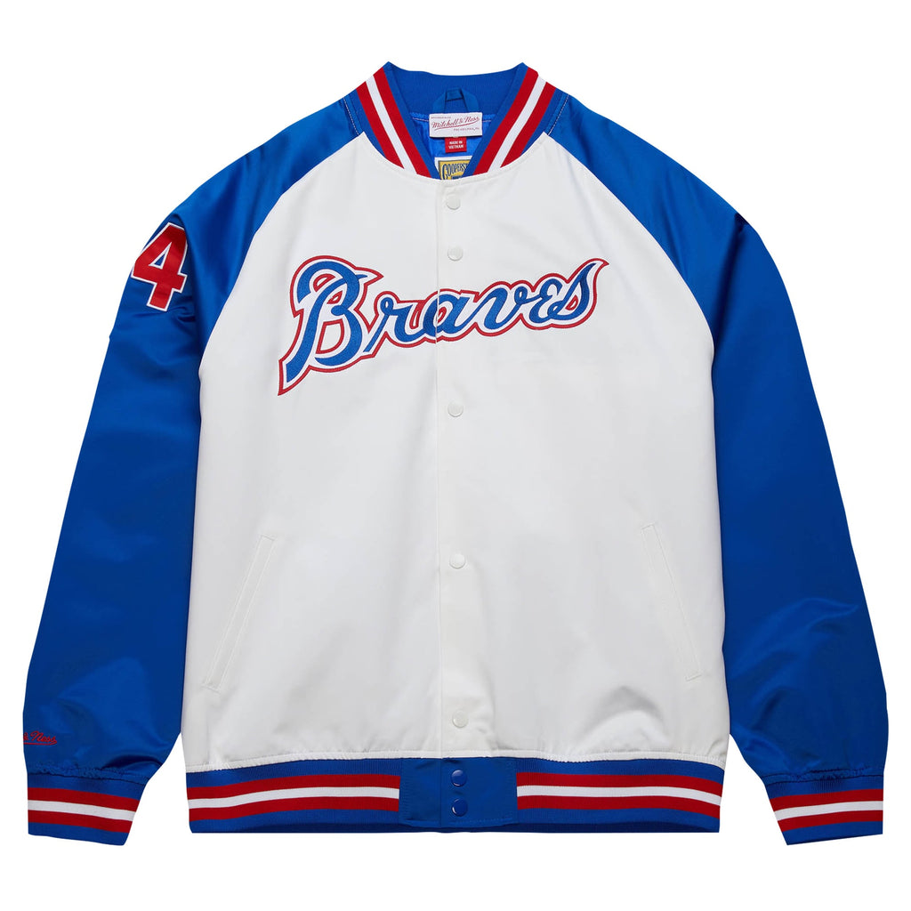 Atlanta Braves Hank Aaron Mitchell & Ness White/Royal Cooperstown Collection Legends Lightweight Satin Raglan Full-Snap Jacket