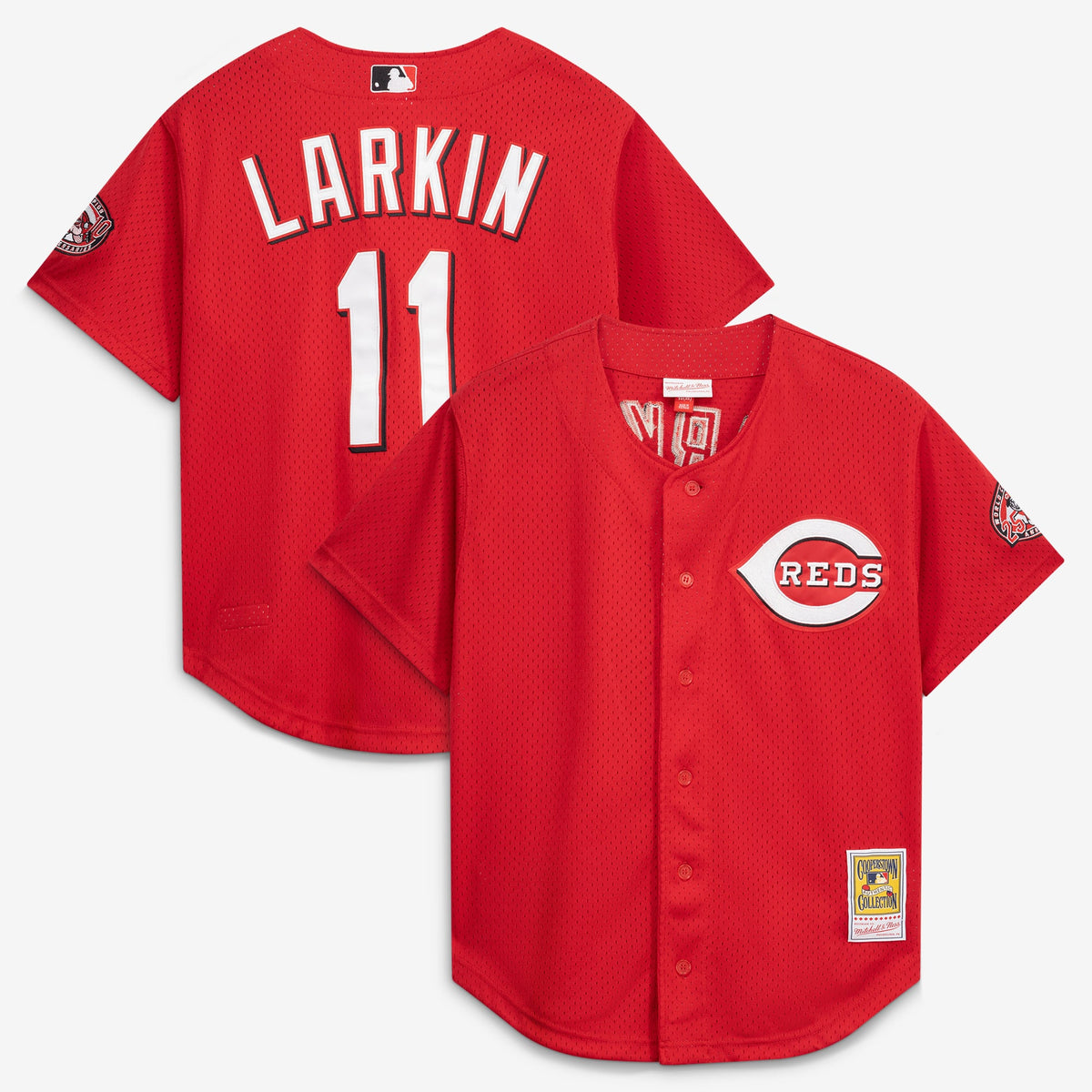 Cincinnati Reds Barry Larkin Mitchell & Ness Black Cooperstown Collection Mesh Batting Practice Button-Up Jersey