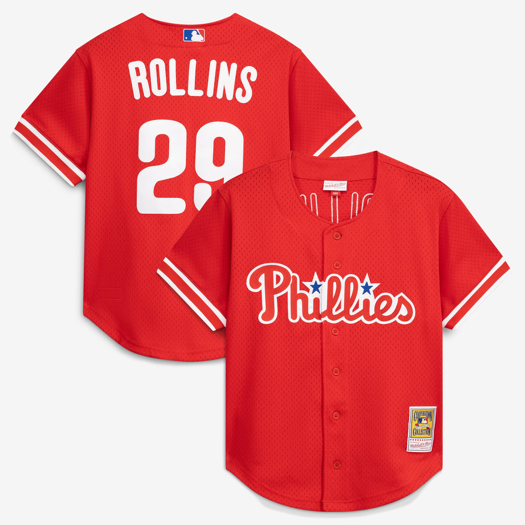 Philadelphia Phillies Jimmy Rollins Mitchell & Ness Red Cooperstown Mesh Batting Practice Button-Up Jersey