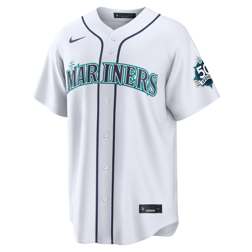 Seattle Mariners Julio Rodríguez Nike White Home Stadium 50th Season Patch Jersey